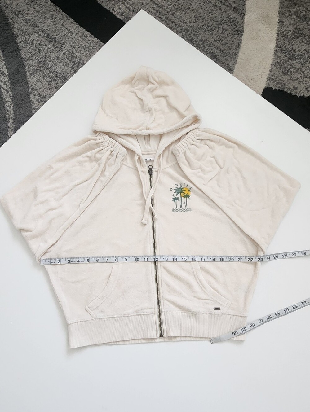 O'Neill Cream Terry Cloth Palm Tree Zip Up Hoodie Sweatshirt Size Large